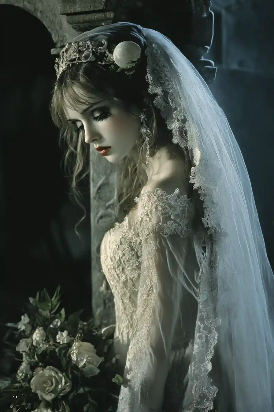 Tattered bride waiting alone in a haunting graveyard