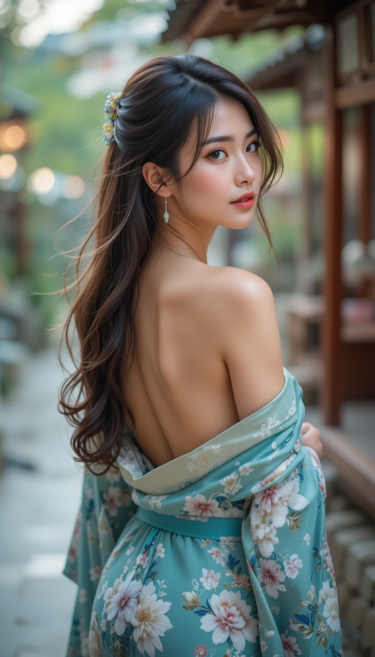 Sensual Asian woman in kimono gazing into the camera