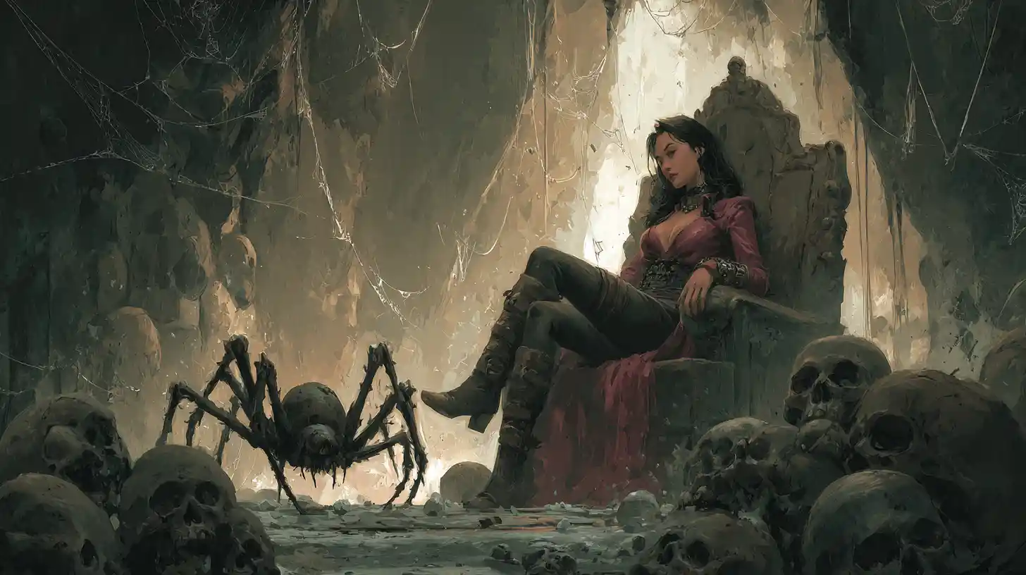 Spider queen on a stone throne in a cavern lair