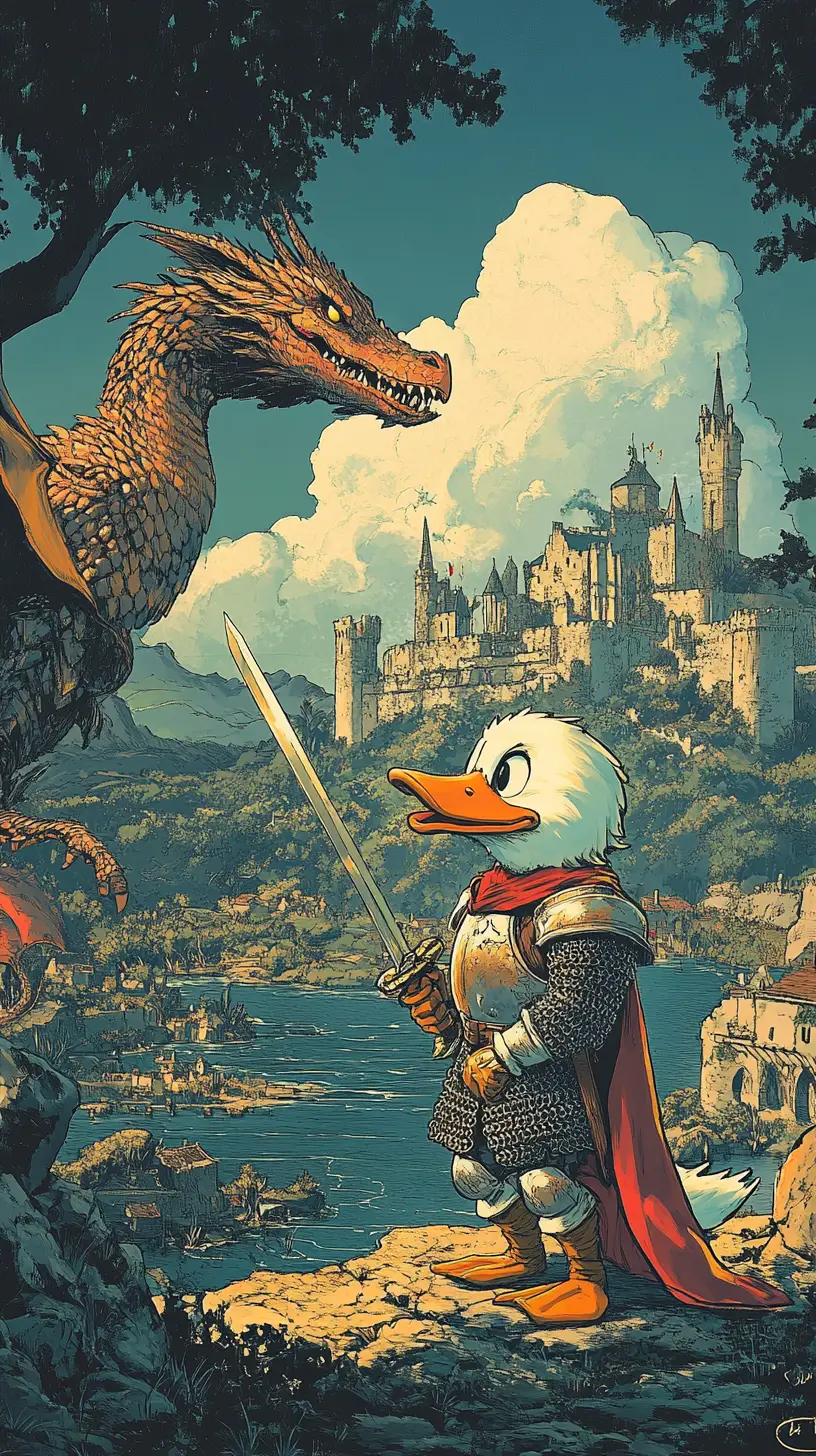 Chevalier canard affrontant un dragon dans une scène de bataille médiévale façon BD
