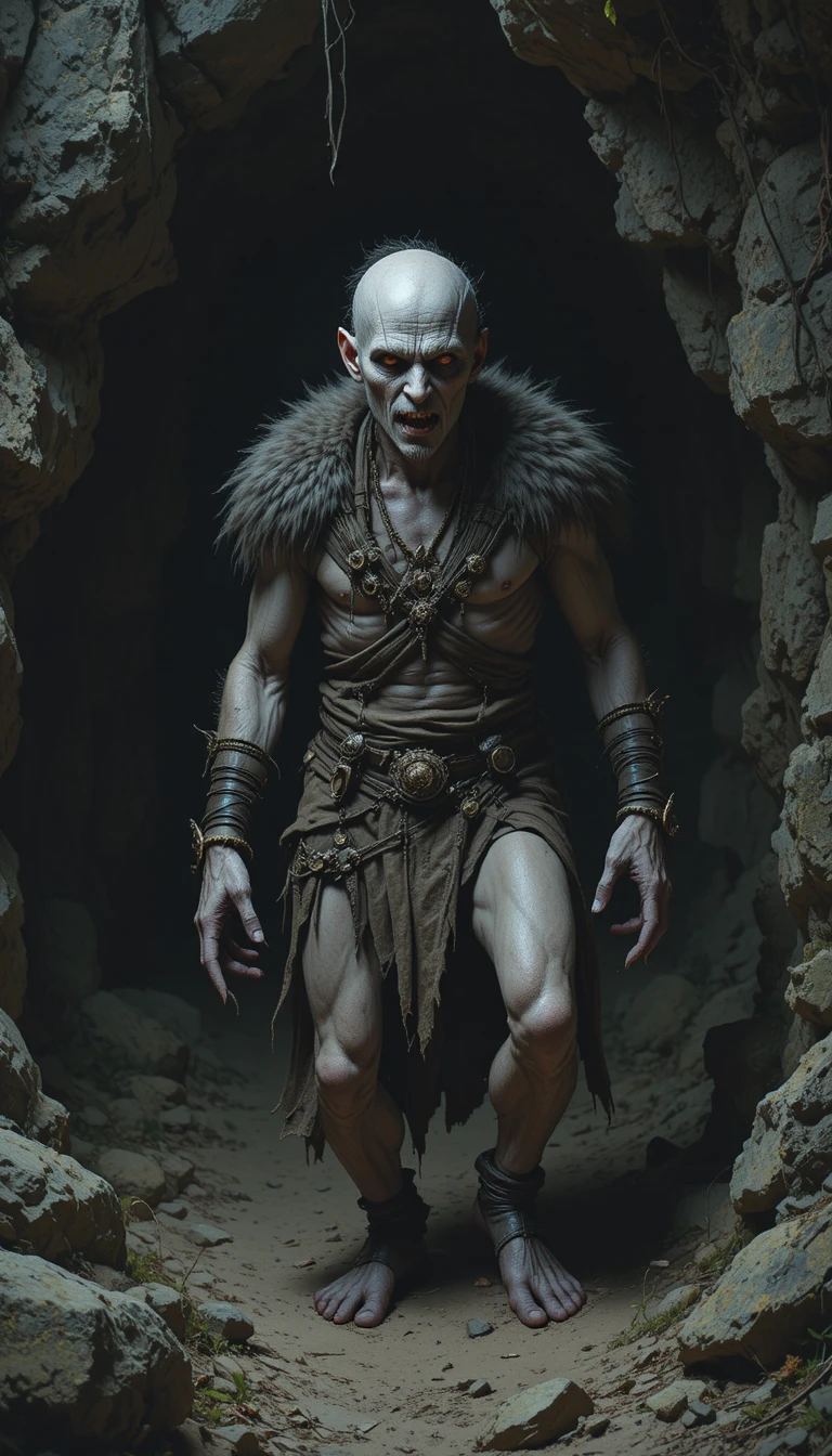 Malnourished feral man crawling in furs inside a dark cave