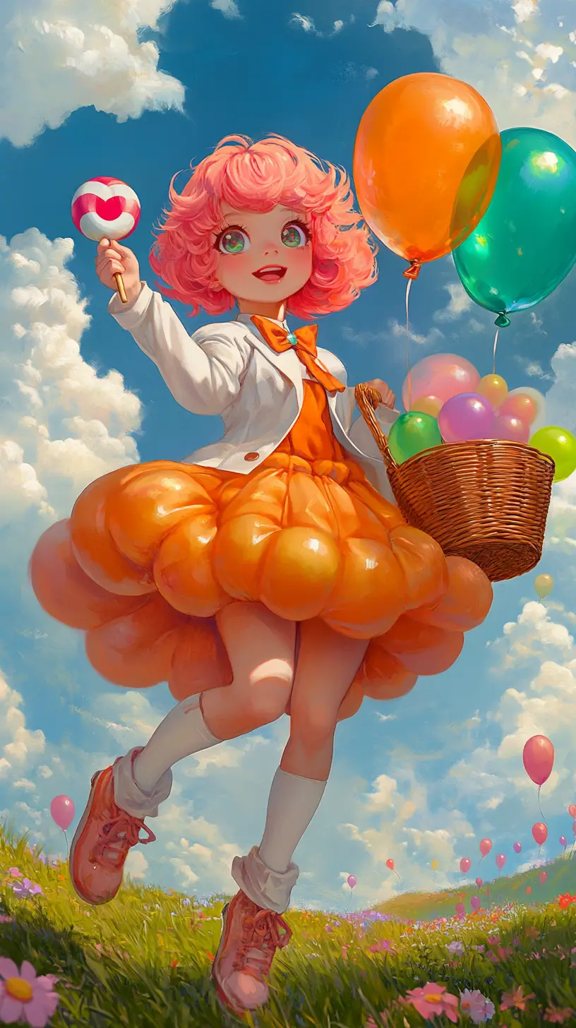 Dolce ragazza chibi che salta con palloncini in un campo soleggiato