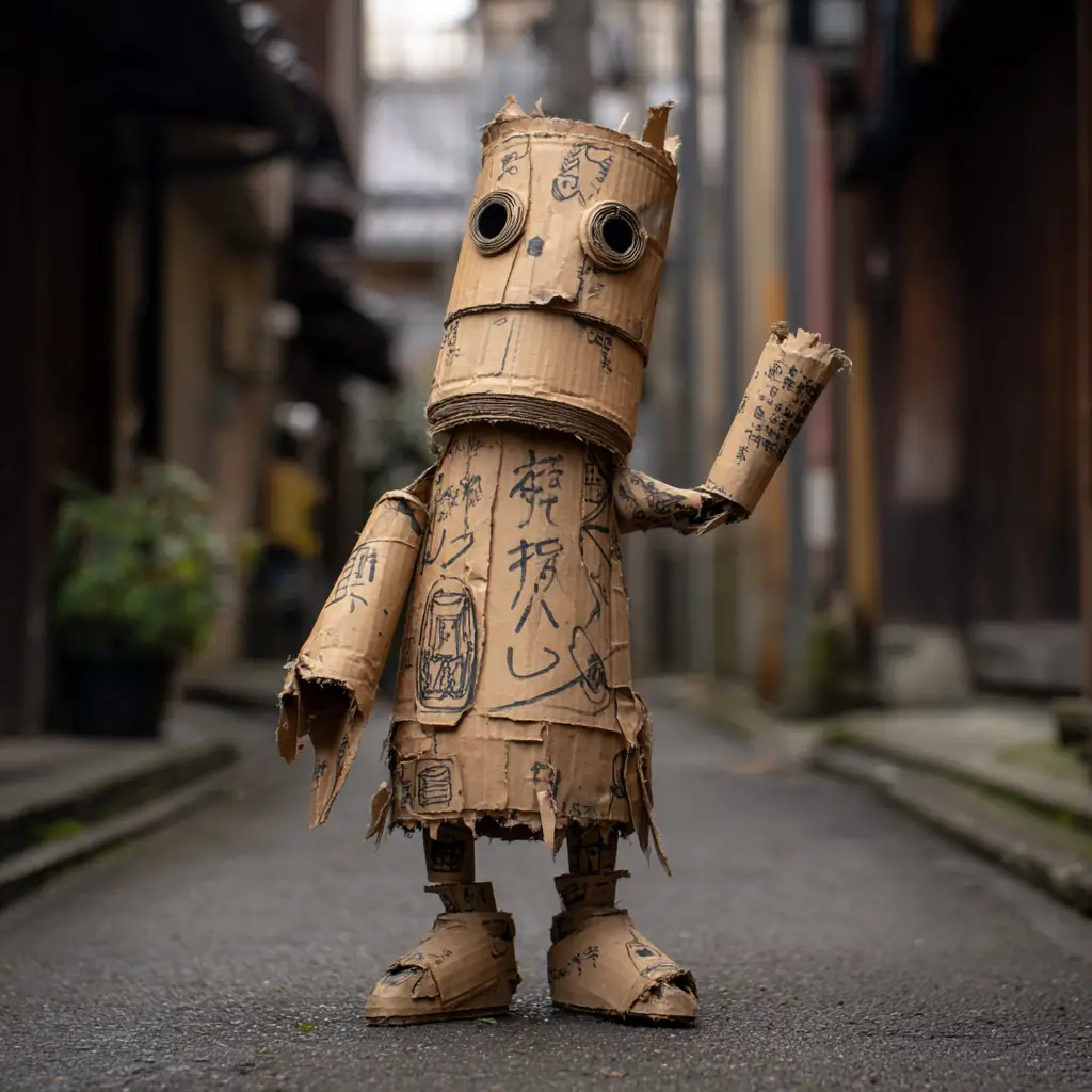 日本巷弄中站立的手工紙板木偶