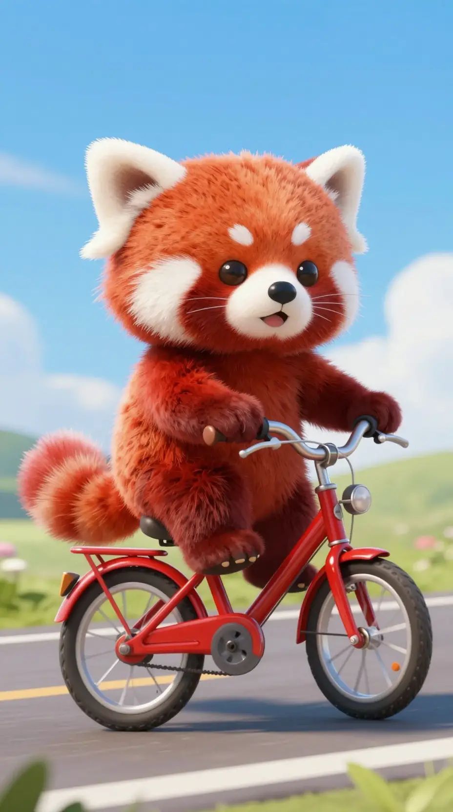 Chibi-Roter Panda fährt auf glänzendem roten Fahrrad auf der Straße