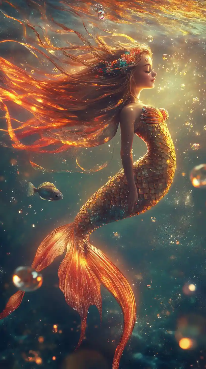 Elegante sirena fantasy che fluttua pacificamente in acqua luminosa