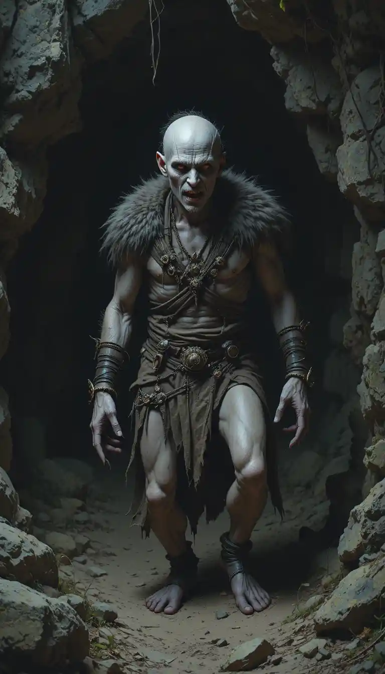 Malnourished feral man crawling in furs inside a dark cave