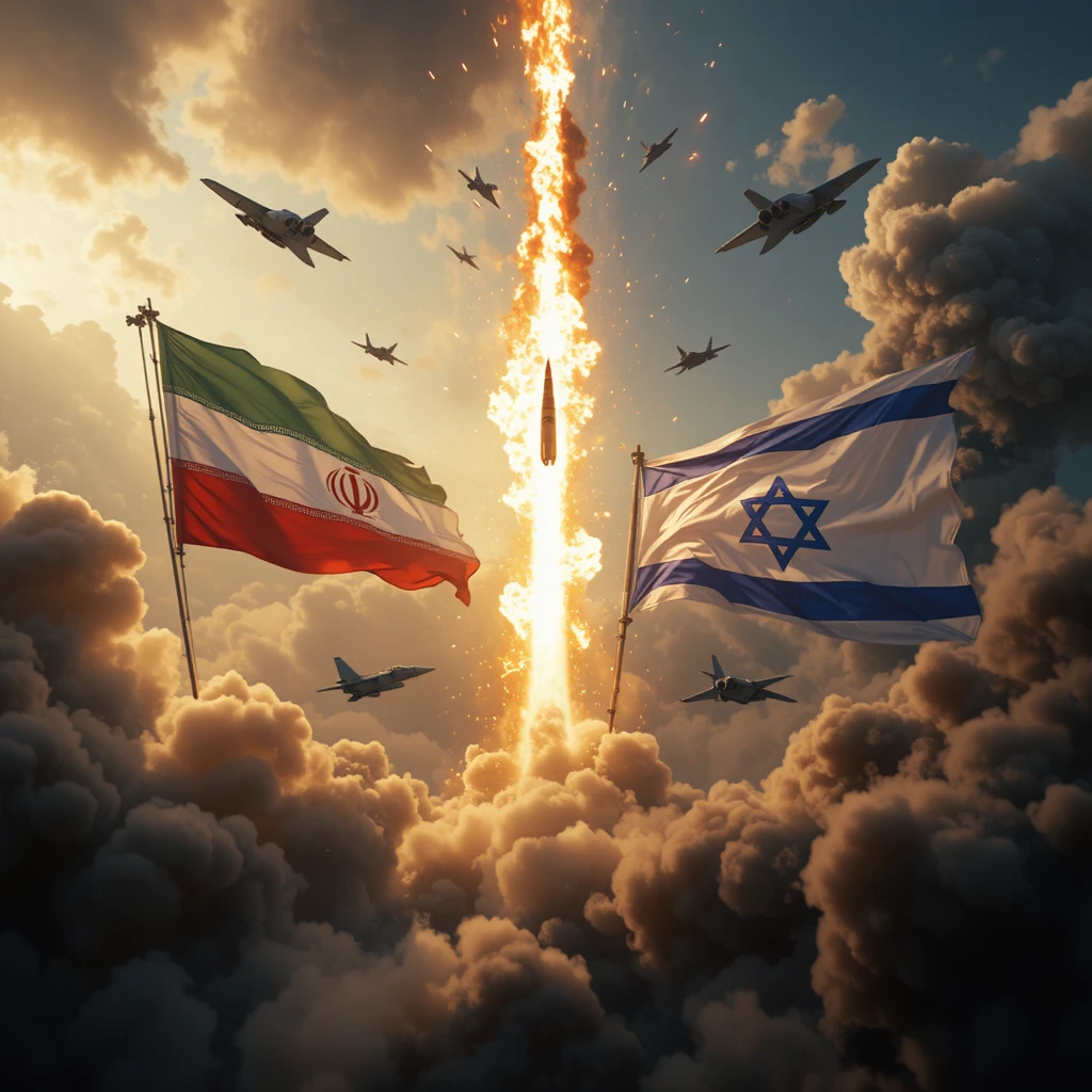 Bandeiras do Irã e de Israel em um confronto bélico dramático