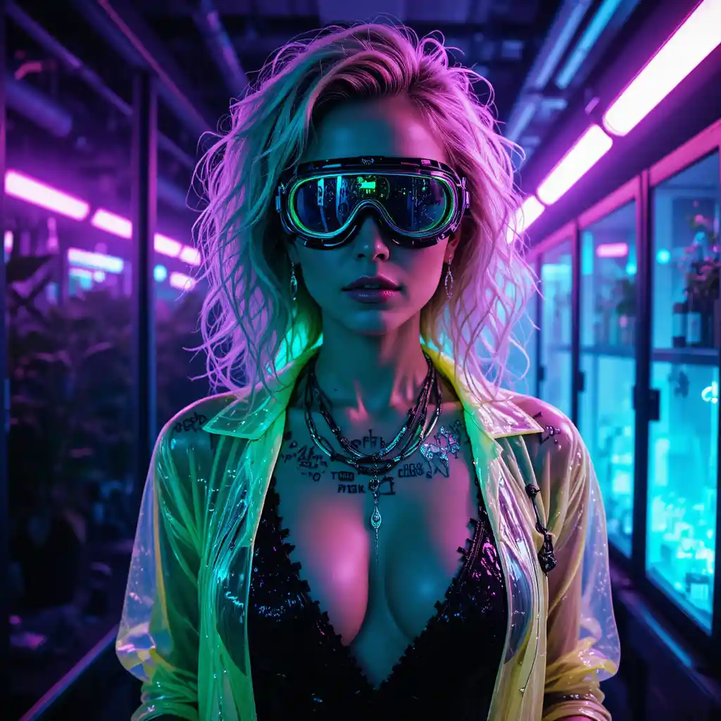 Cyberpunk-Femme-fatale im neonbeleuchteten Biolabor-Korridor