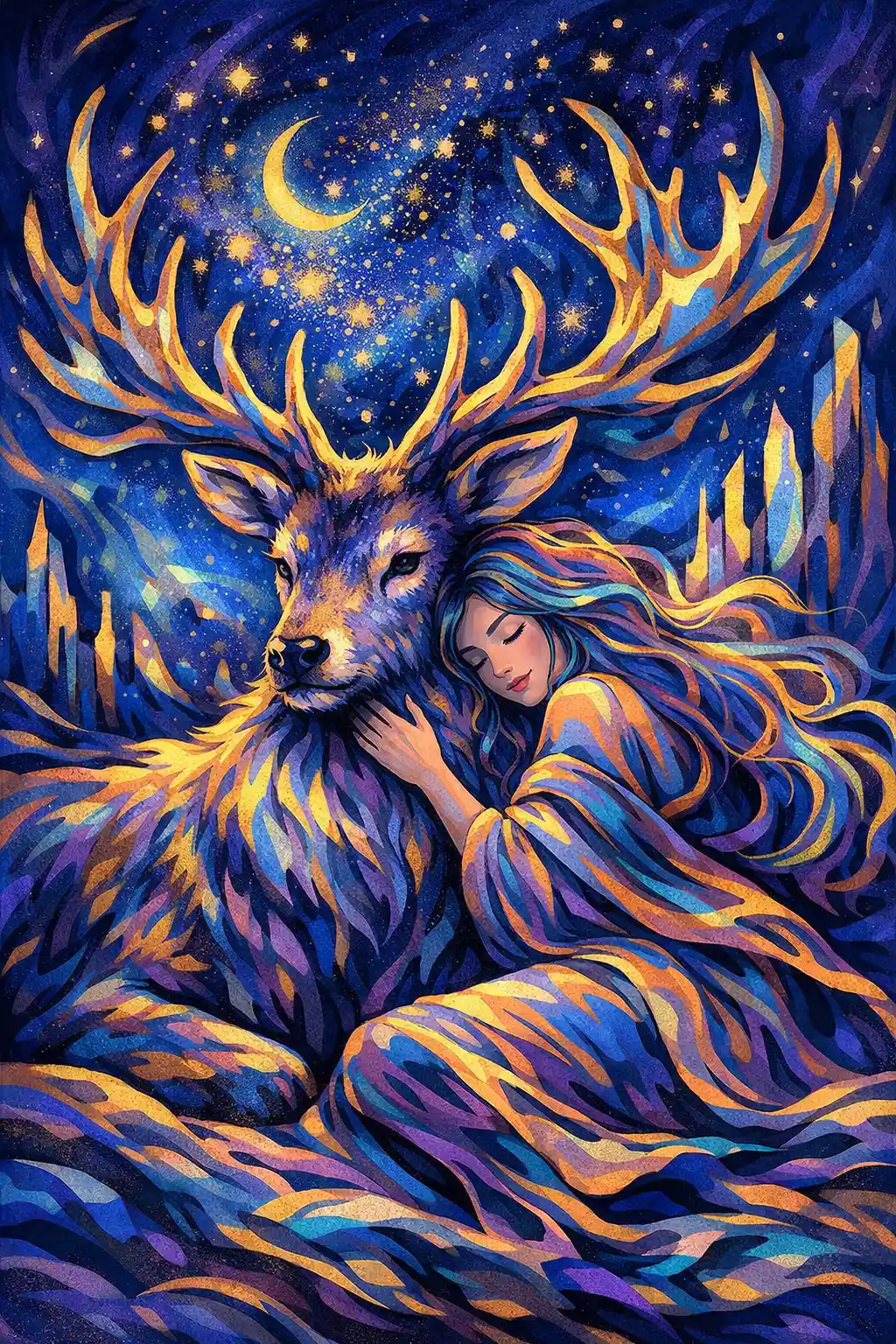 Girl resting with stag under a surreal starry sky