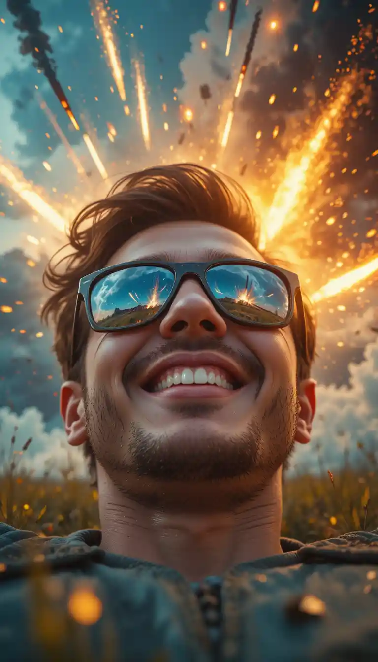 Close up of smiling man on grass with meteor reflections