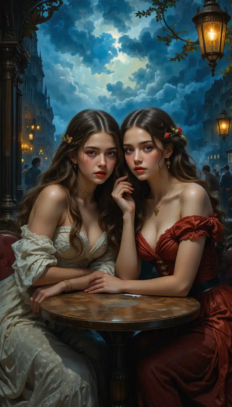 Two young girls in a dramatic evening cafe scene