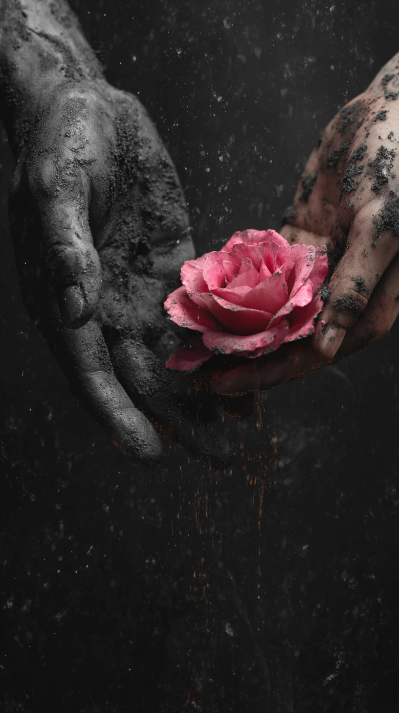 Deux mains partageant une rose dans une scène sombre et dramatique