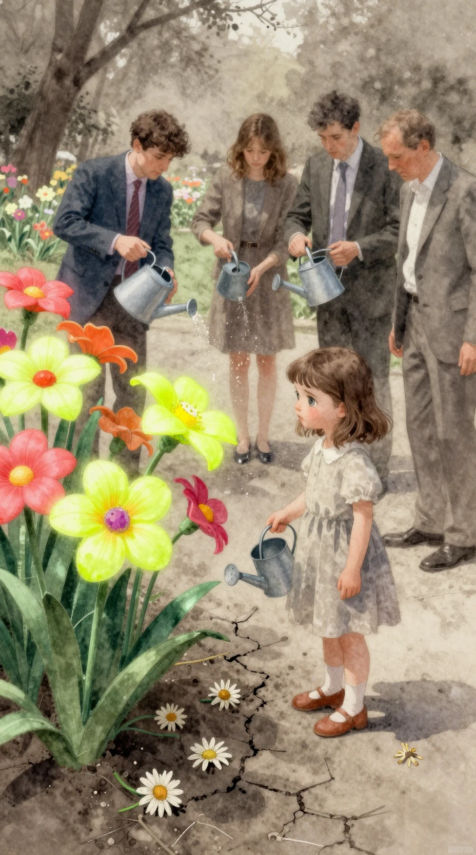 Watercolor girl in a surreal park of plastic flowers