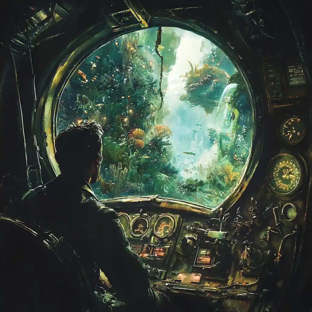 Capitán en la ventana de la cabina de un submarino en un mundo submarino luminoso