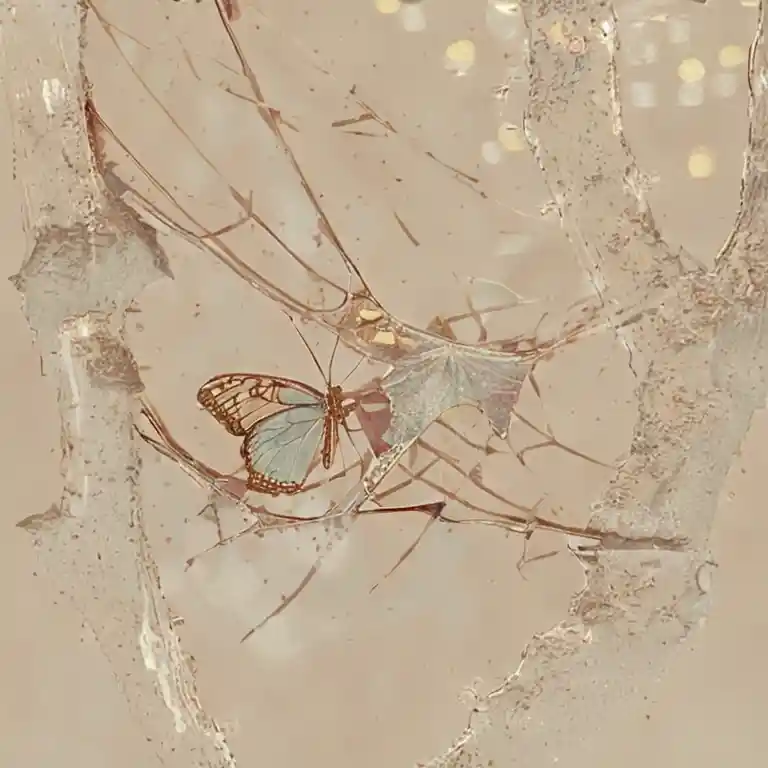 Sculpture de papillon en verre sur surface réfléchissante floue