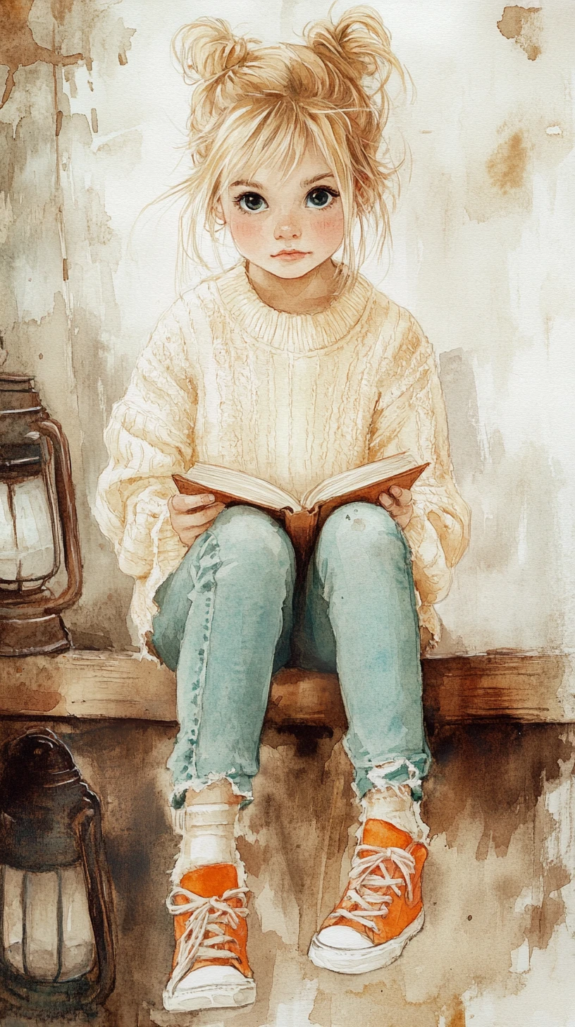 Cute girl reading on a wooden beam in lantern light