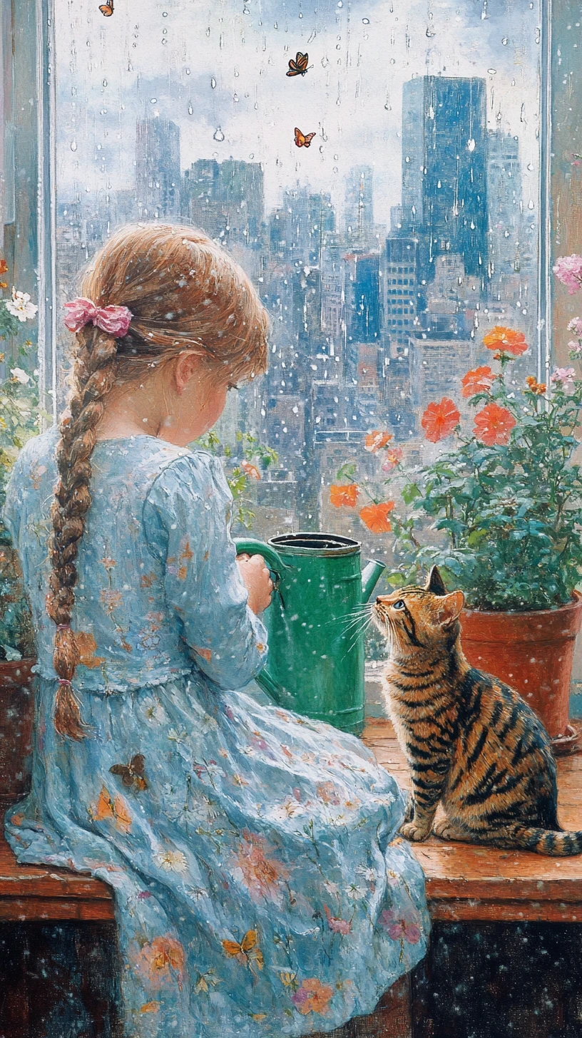 Niña regando flores con un gato curioso en el alféizar
