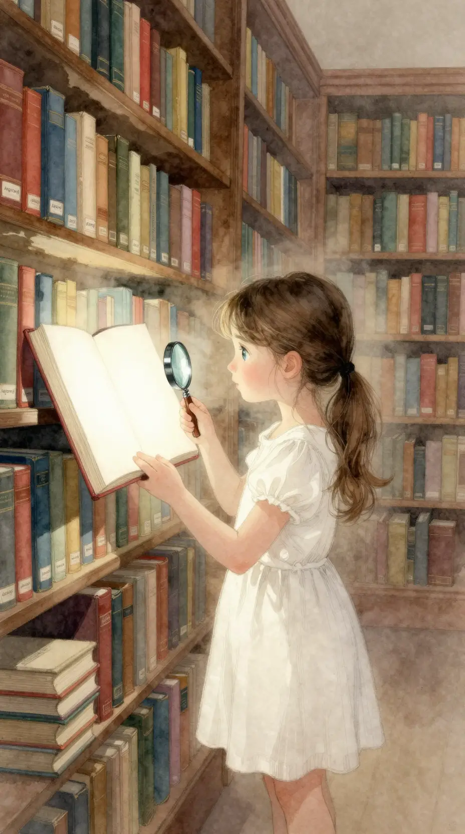 Garota com livro em branco brilhante em biblioteca antiga