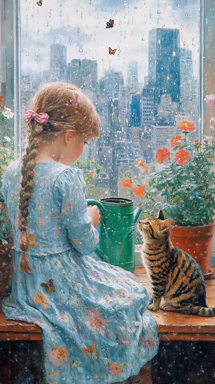 Fille arrosant des fleurs avec un chat curieux sur le rebord de la fenêtre