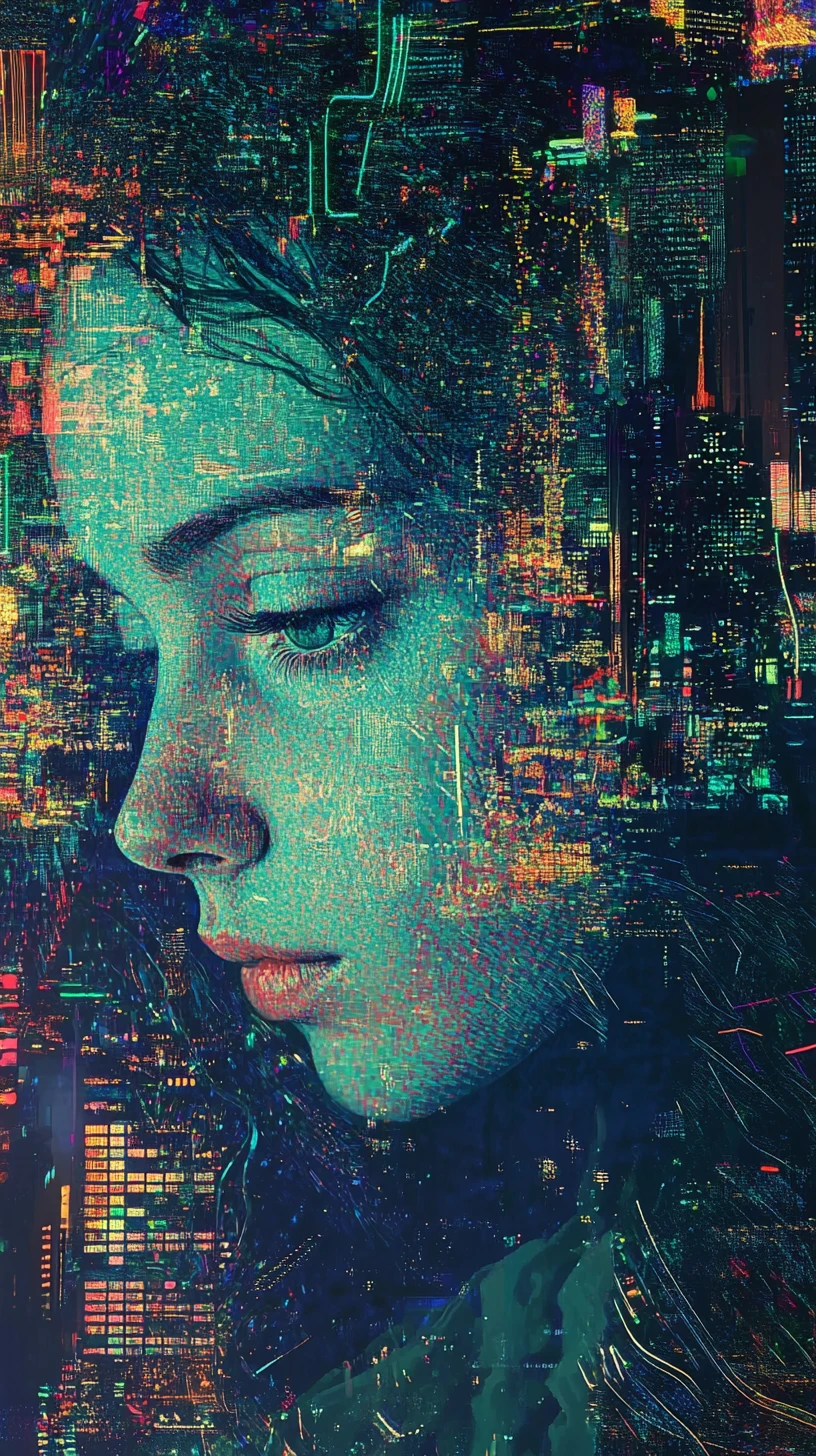 Pointillist Cyborg Woman In Green Neon Futuristic City