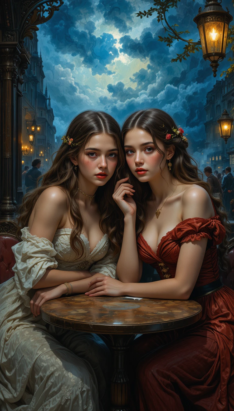 Dos chicas jóvenes en una escena dramática de café nocturno