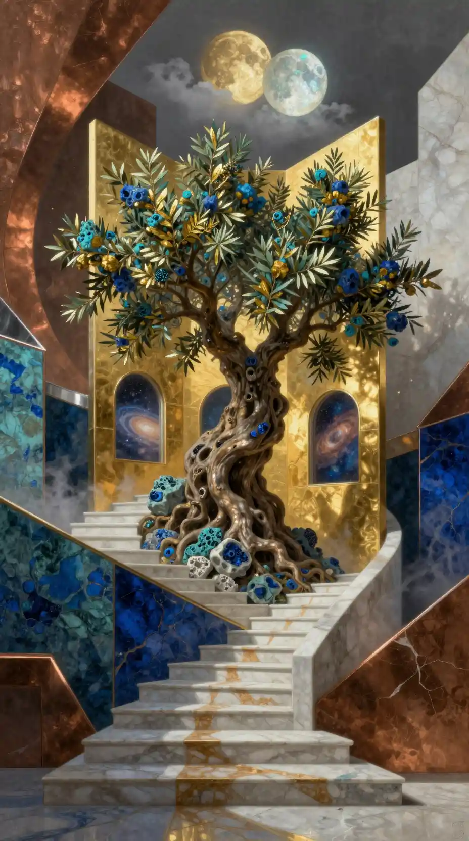 Árvore Ancestral Erguendo-se em Interior Sagrado Geométrico