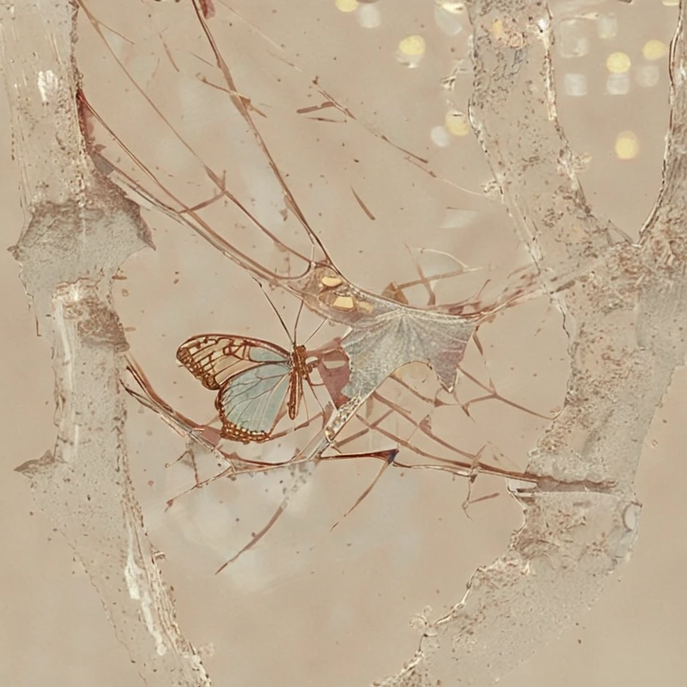 Sculpture de papillon en verre sur surface réfléchissante floue