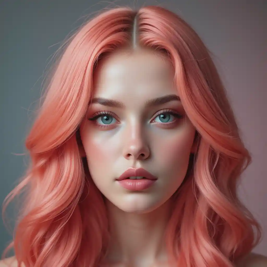 Close up portrait of a young woman with coral pink hair