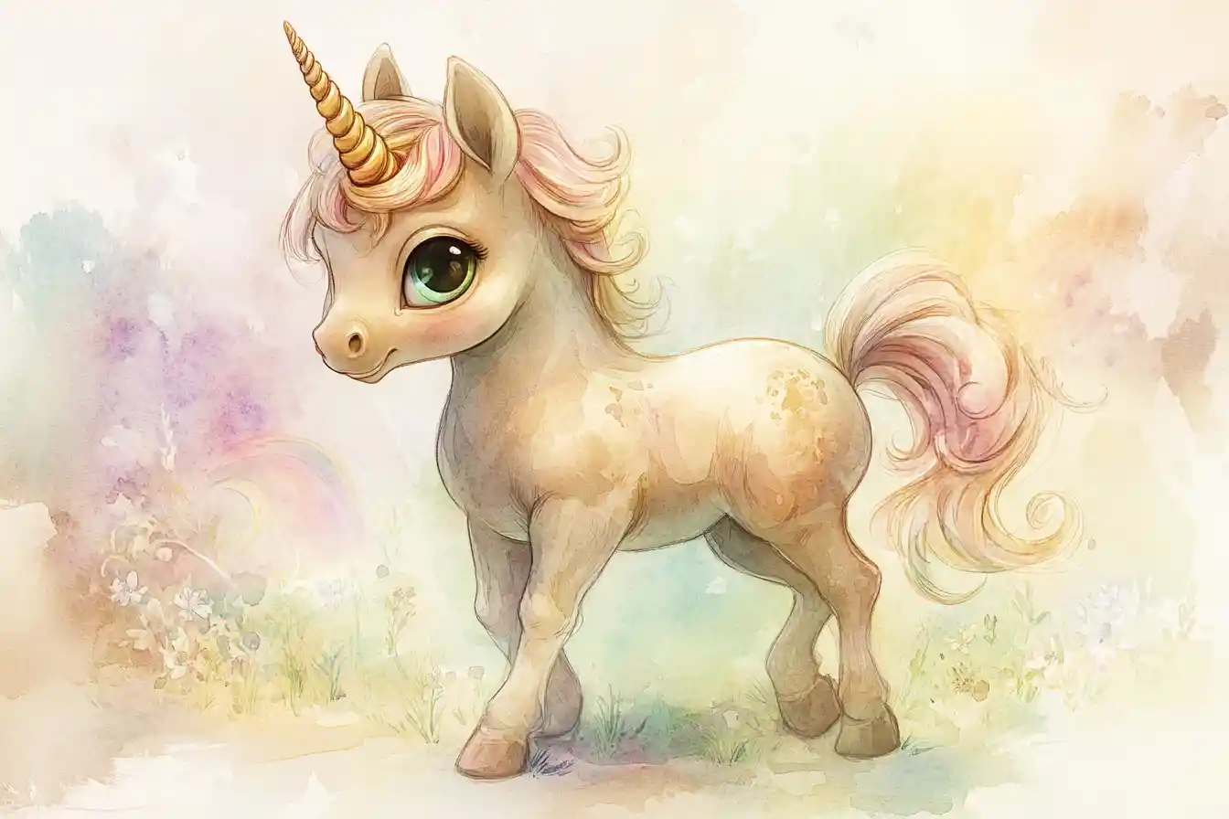 Baby unicorn standing in a dreamy watercolor meadow