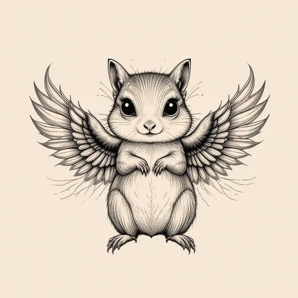 Minimalist tattoo of a chipmunk with graceful hawk wings