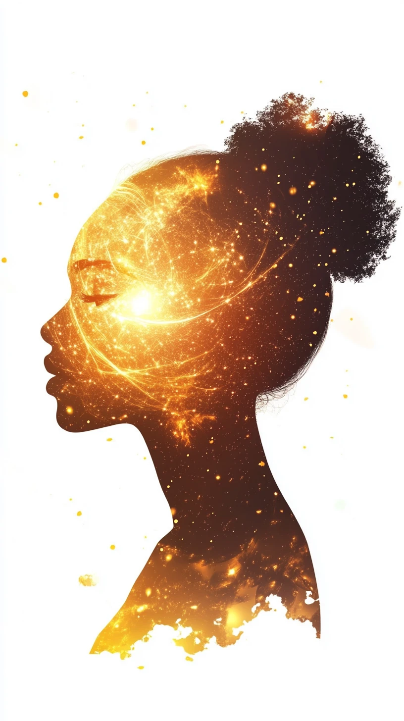 Afrofuturistic woman profile filled with glowing inner universe