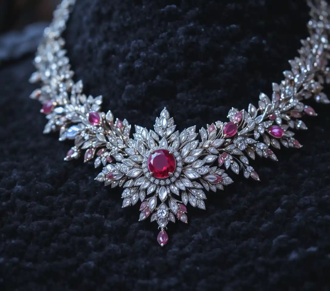Colar floral de diamantes e rubi em close-up sobre veludo preto