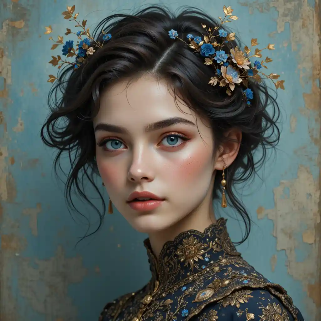 Young woman portrait with floral gold headpiece