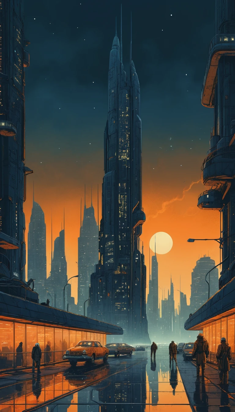 Skyline cittadino retrò sci-fi con imponenti grattacieli futuristici