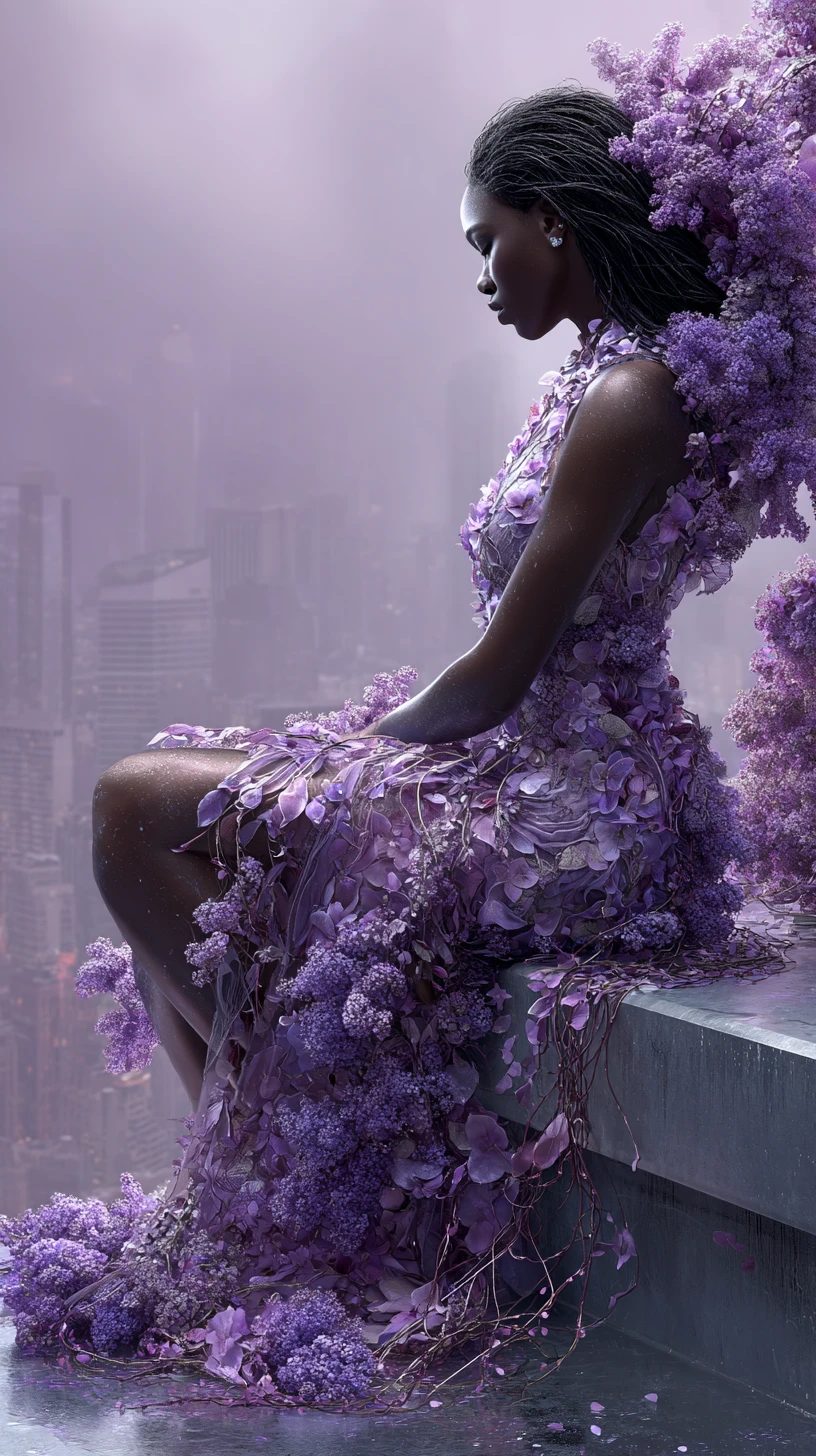 Afrofuturistic woman in lilac gown on rainy city rooftop