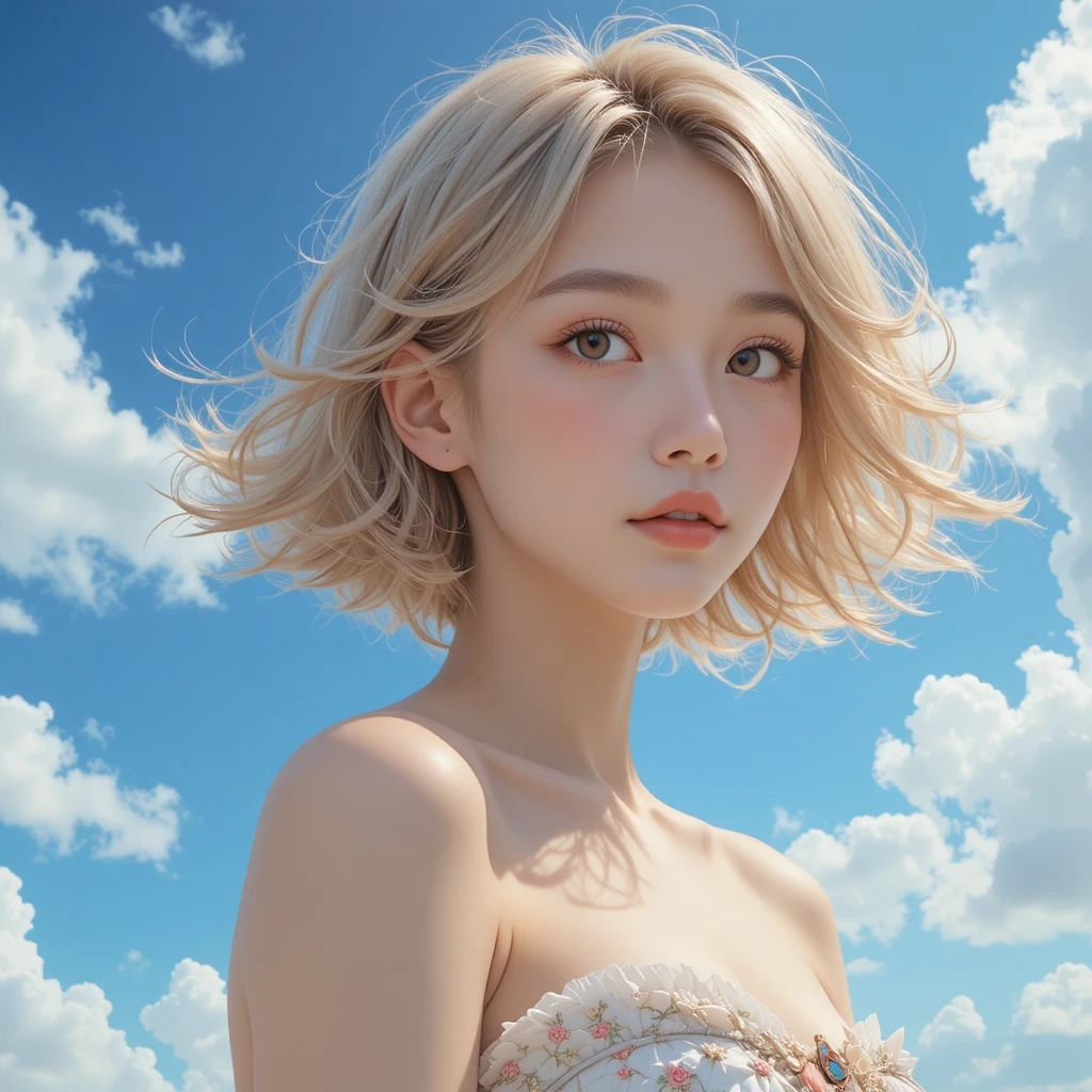 Portrait d’une fille d’anime sereine sous un ciel bleu éclatant