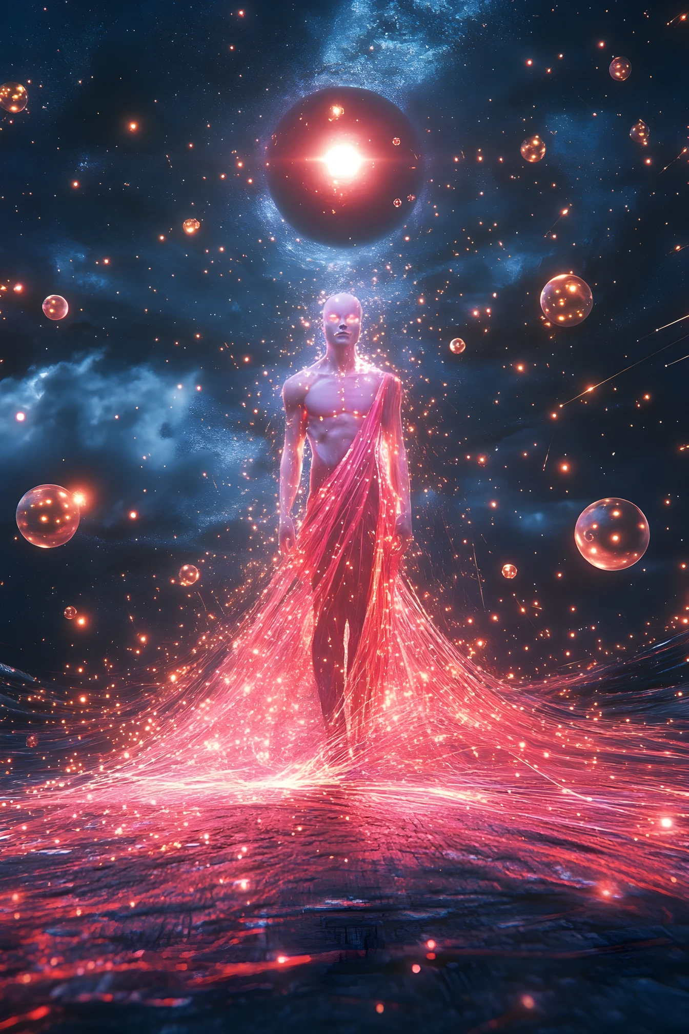 Figura masculina cósmica emergindo de um véu celestial