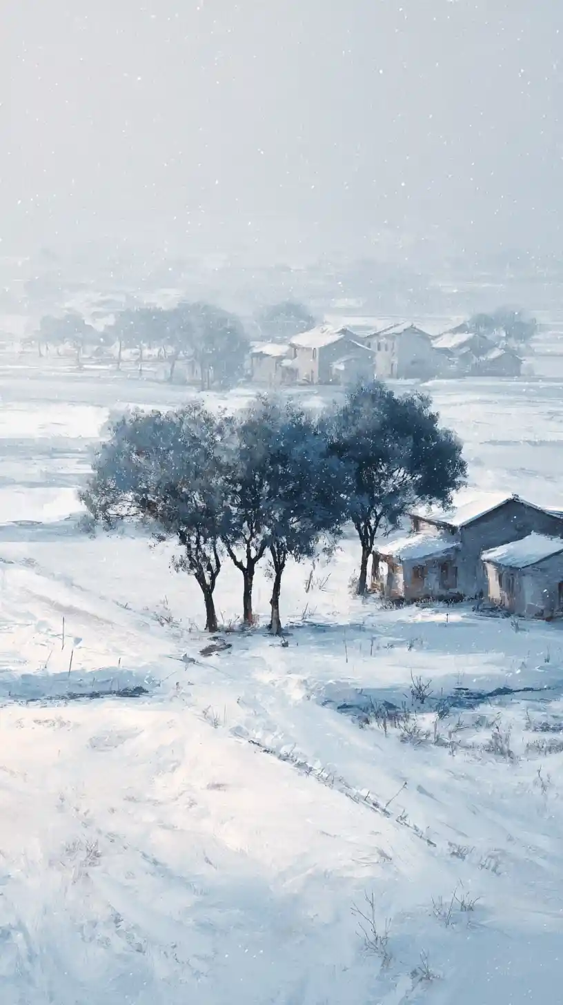Pueblo rural nevado con árboles zelkova al amanecer