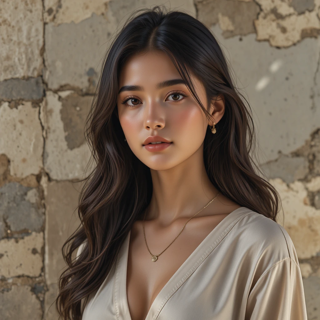 Warm cinematic portrait of a young woman in beige