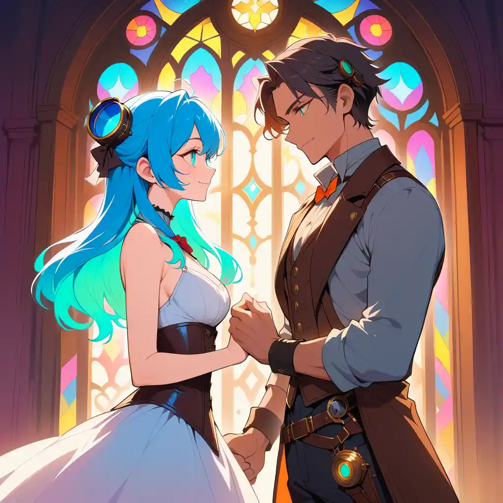 Pareja steampunk frente a mansión victoriana iluminada con neón