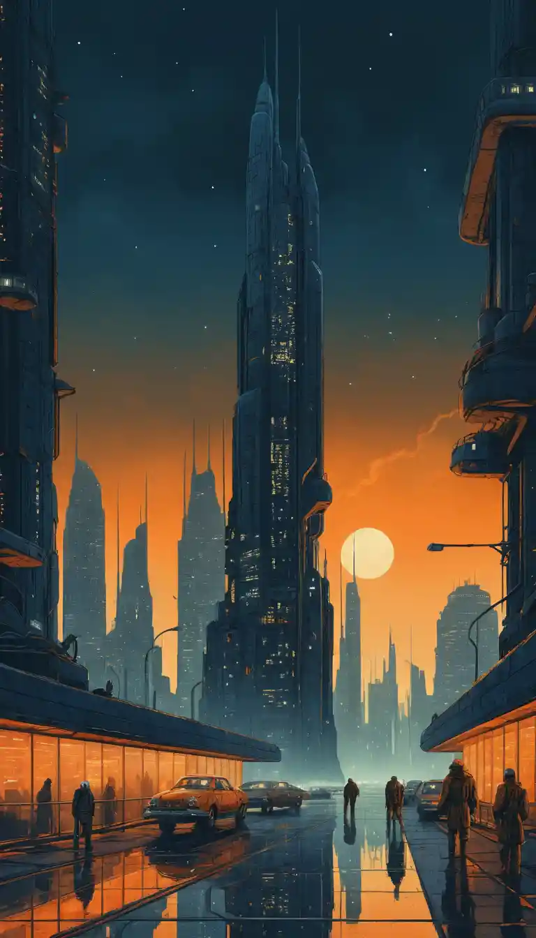 Skyline de ville rétro sci-fi avec d’imposants gratte-ciel futuristes