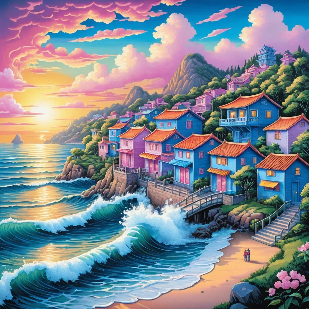Cidade litorânea colorida ao nascer do sol em ilustração em estilo cartoon