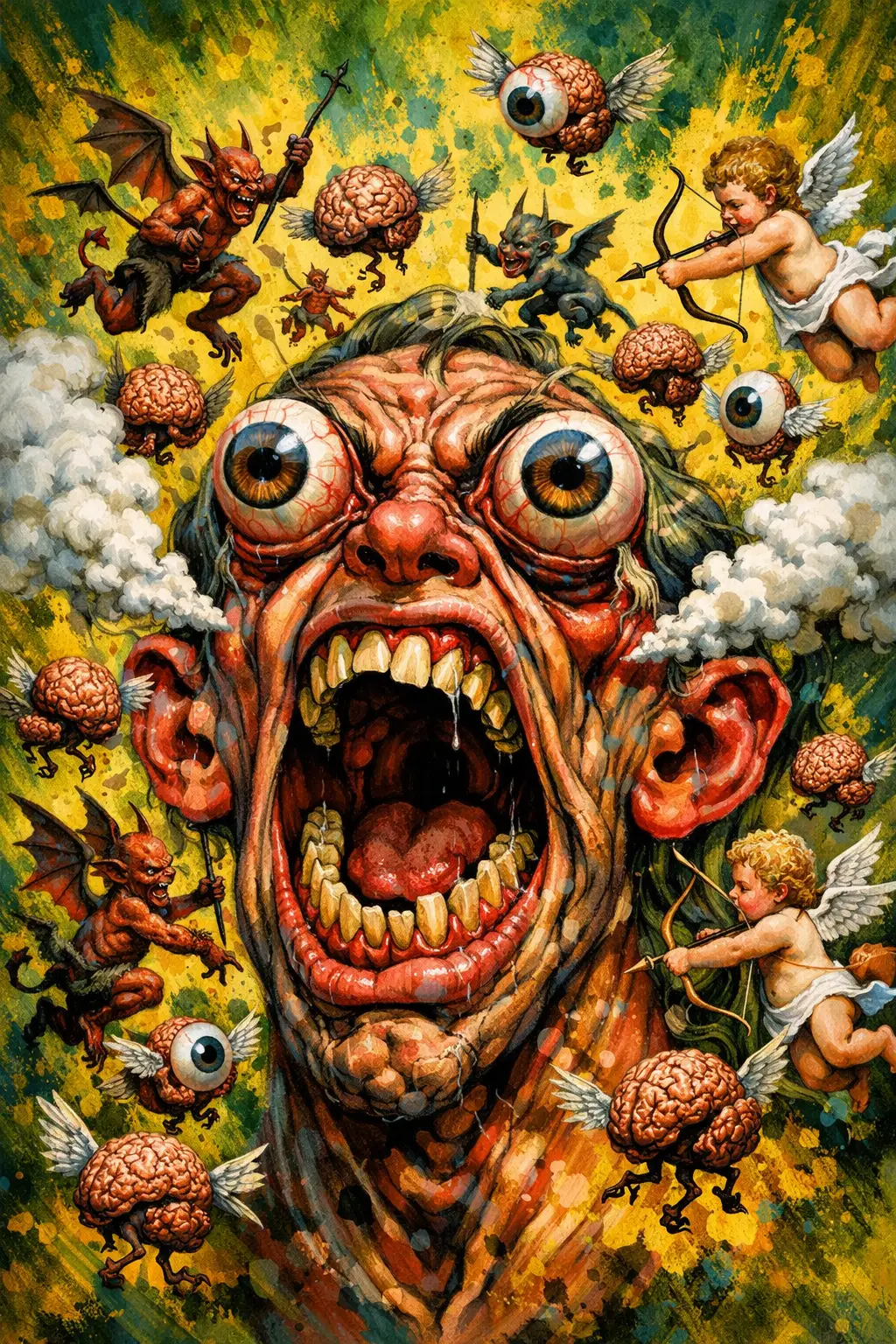 Surreal distorted head exploding with chaotic flying creatures