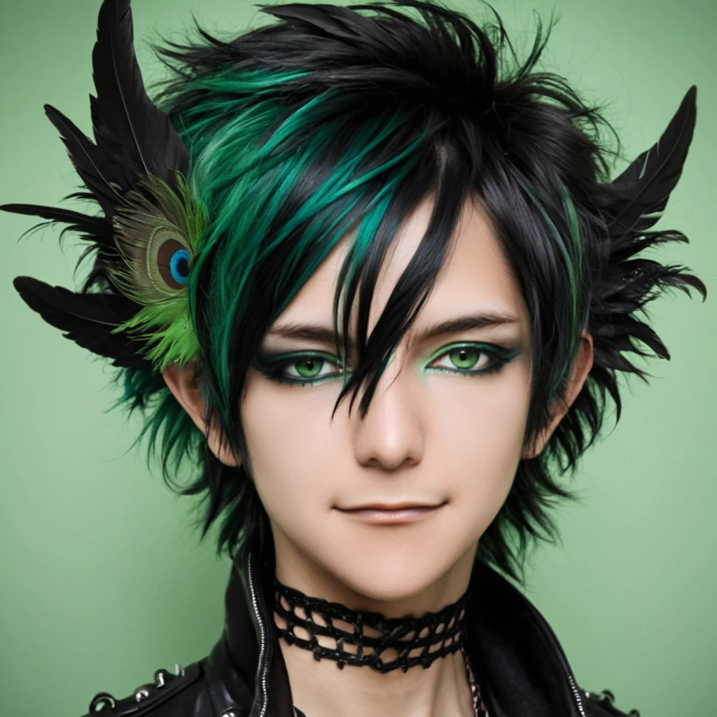 Homem vampiro dracônico de anime com cabelo preto e verde