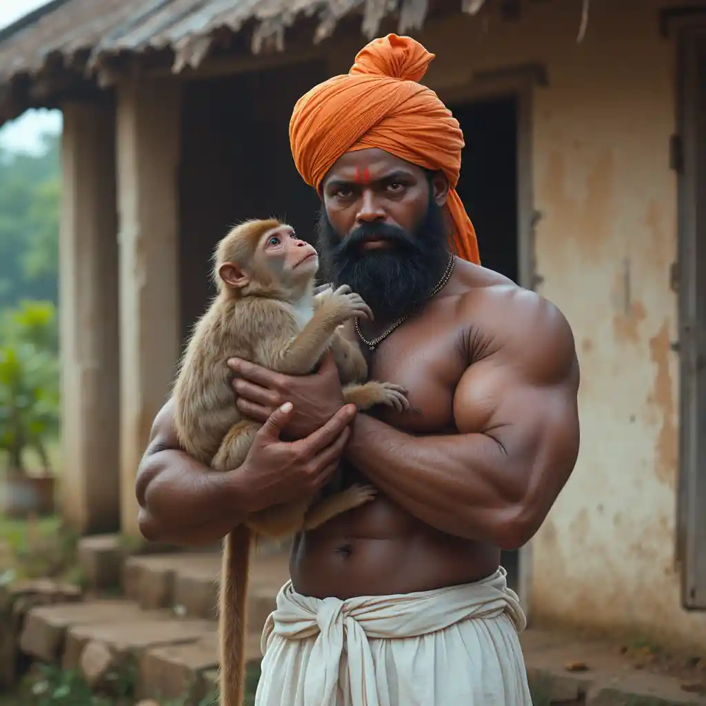 Strong indian farmer gently lifting a monkey in village