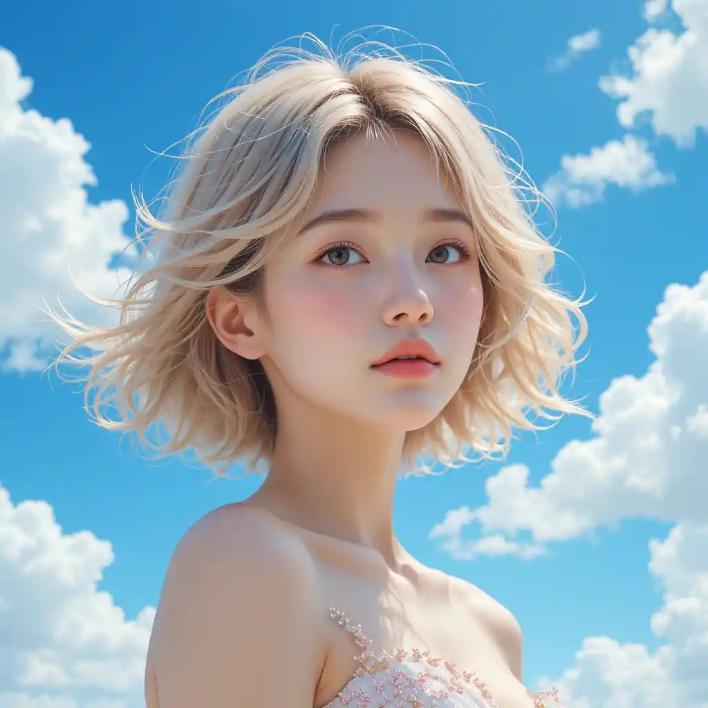 Ritratto di ragazza anime sotto un cielo azzurro brillante