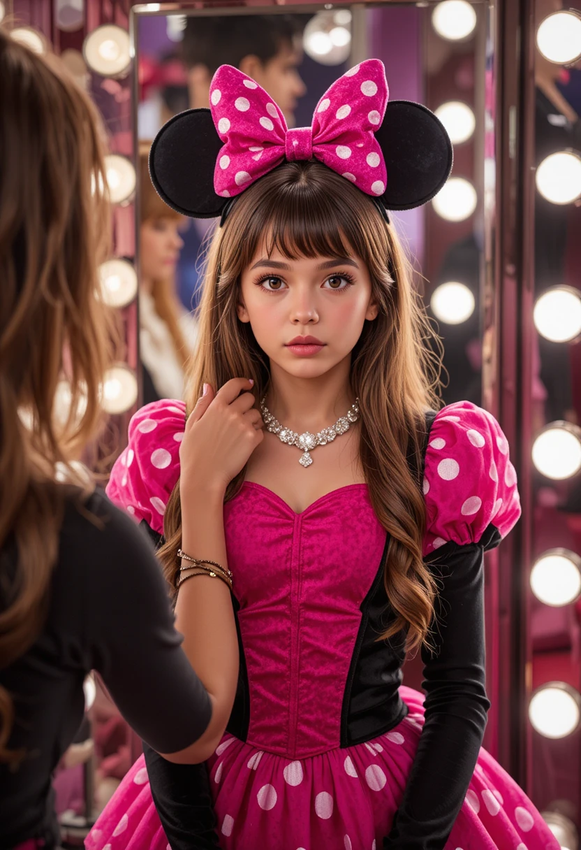 Apprehensive boy in pink Minnie dress before mirror