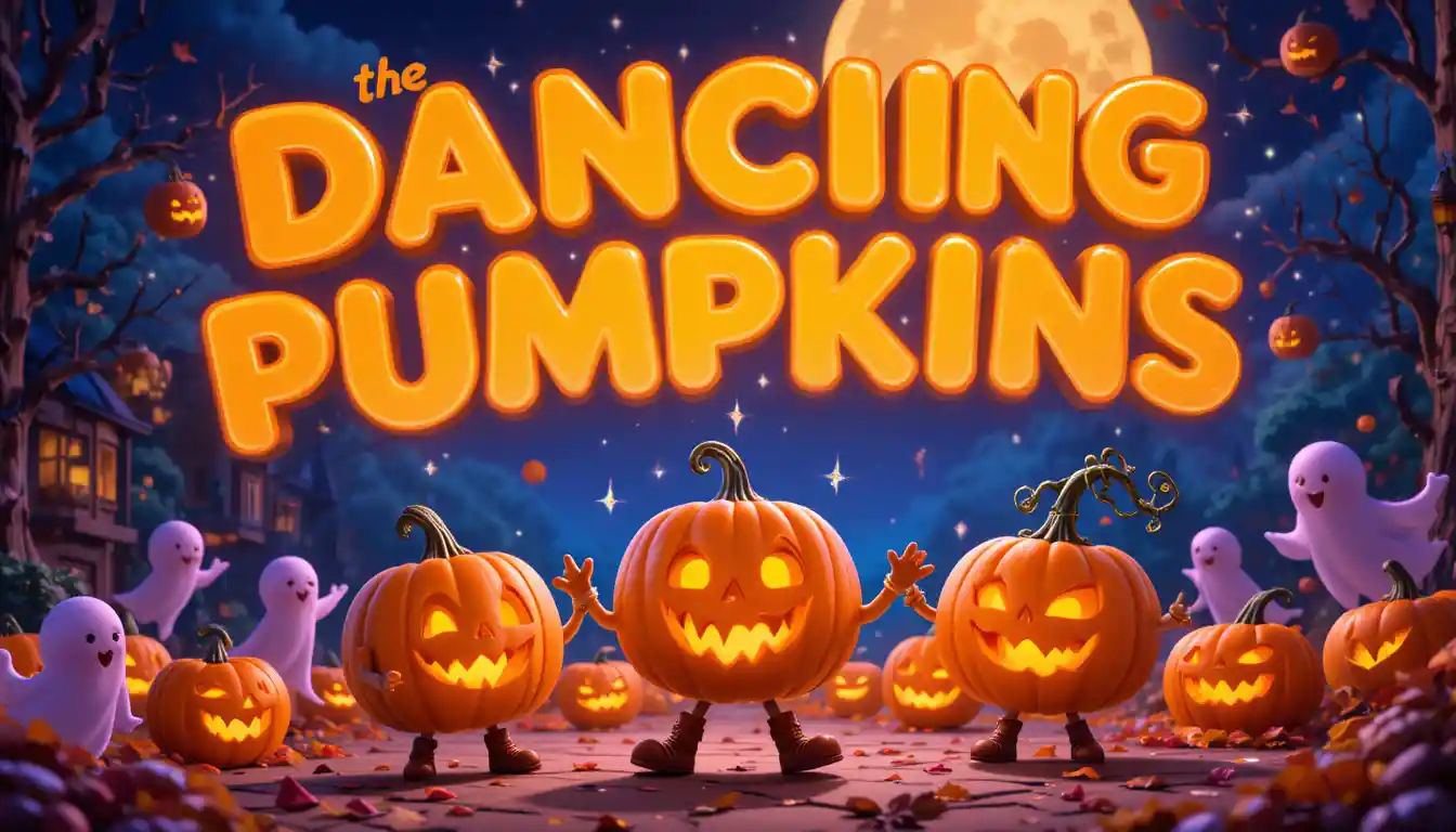 Dolci zucche danzanti sotto una luminosa luna di Halloween