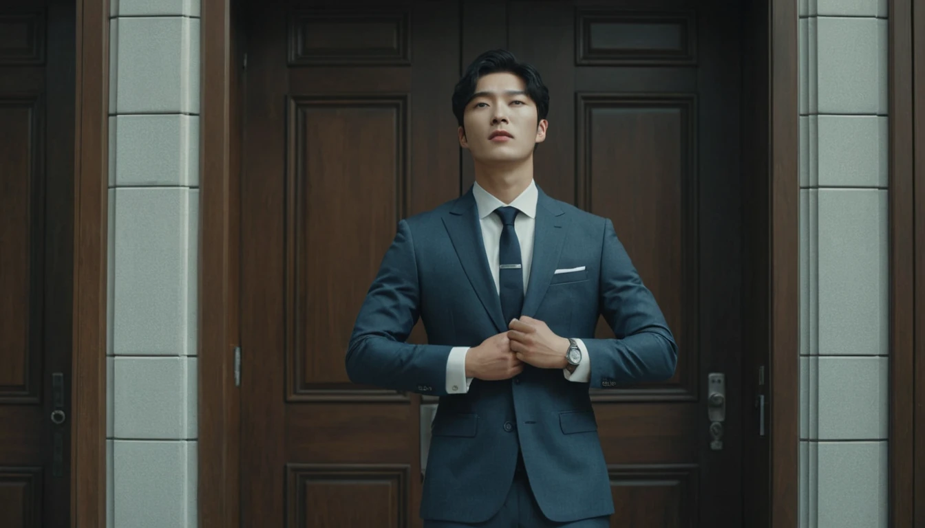 Empresário coreano de terno esperando nas portas da sala de conferência