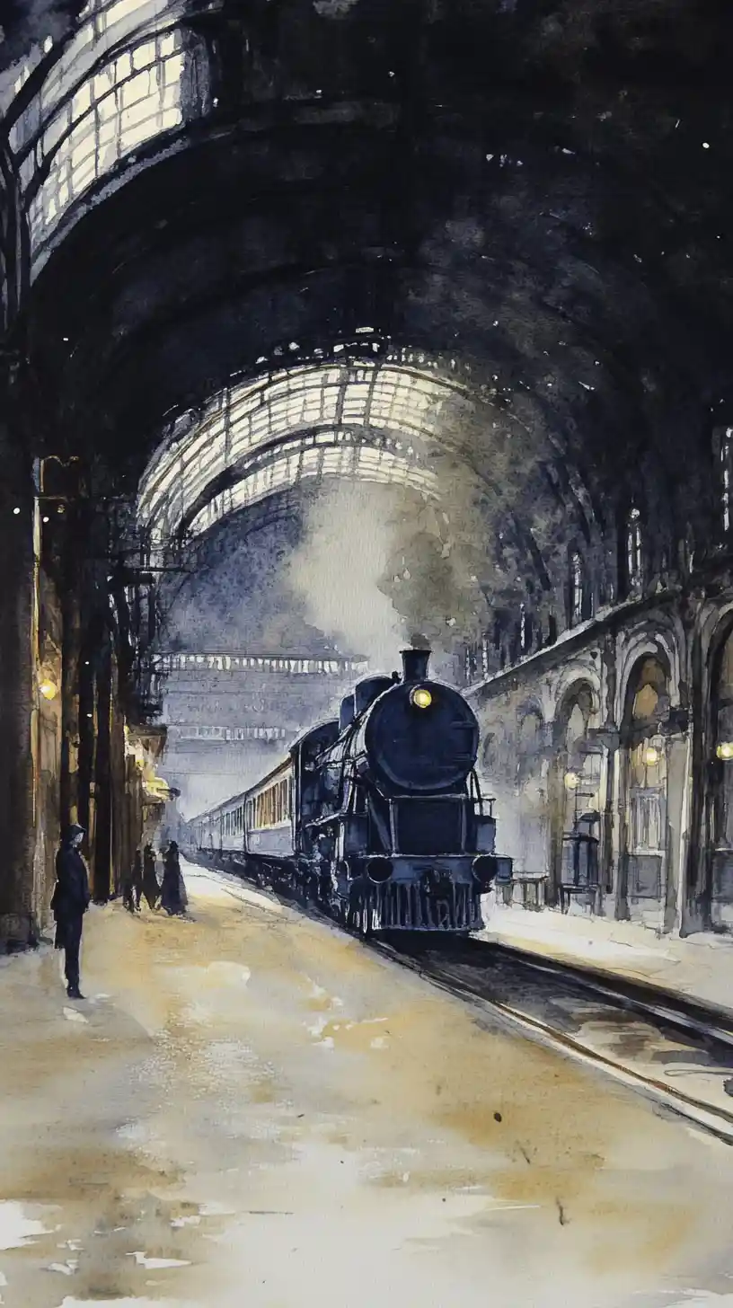 Victorian steam train in a vaulted gothic station at night